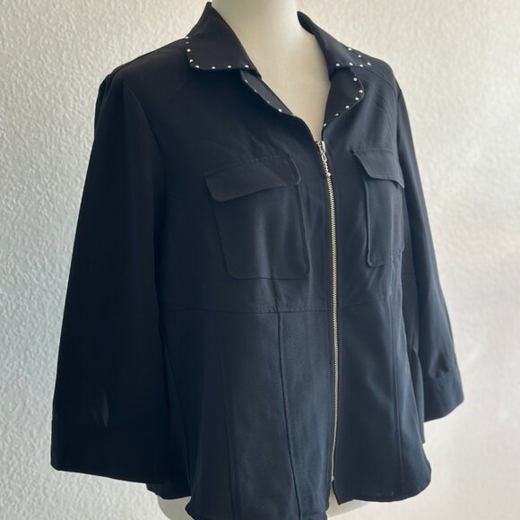 Kathy Che Stretch Black Studded-Collar Zip Front Blouse – Size 10 - Picture 1 of 6